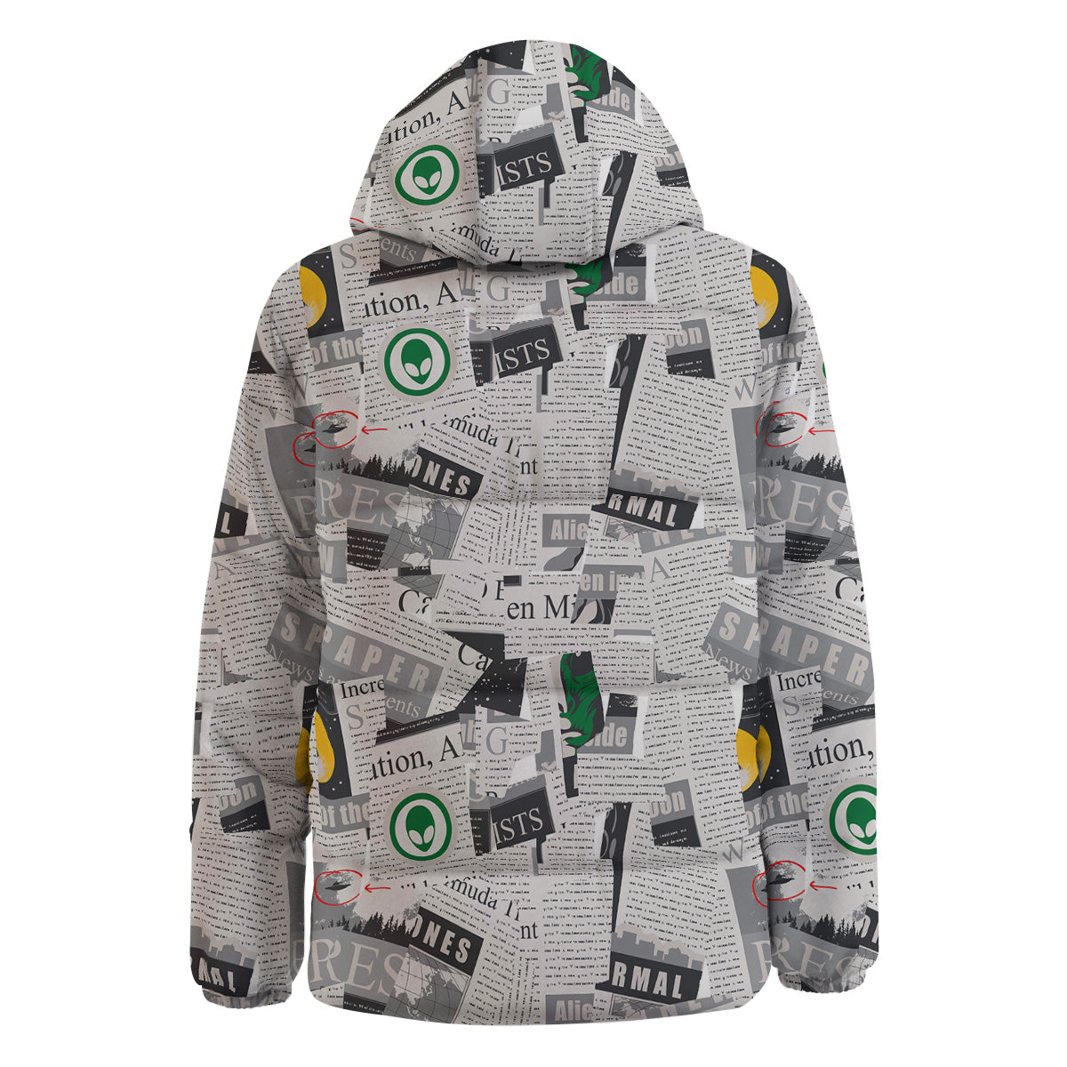 Newspaper Clippings On Aliens Topic Print Pattern Down Jacket-grizzshop