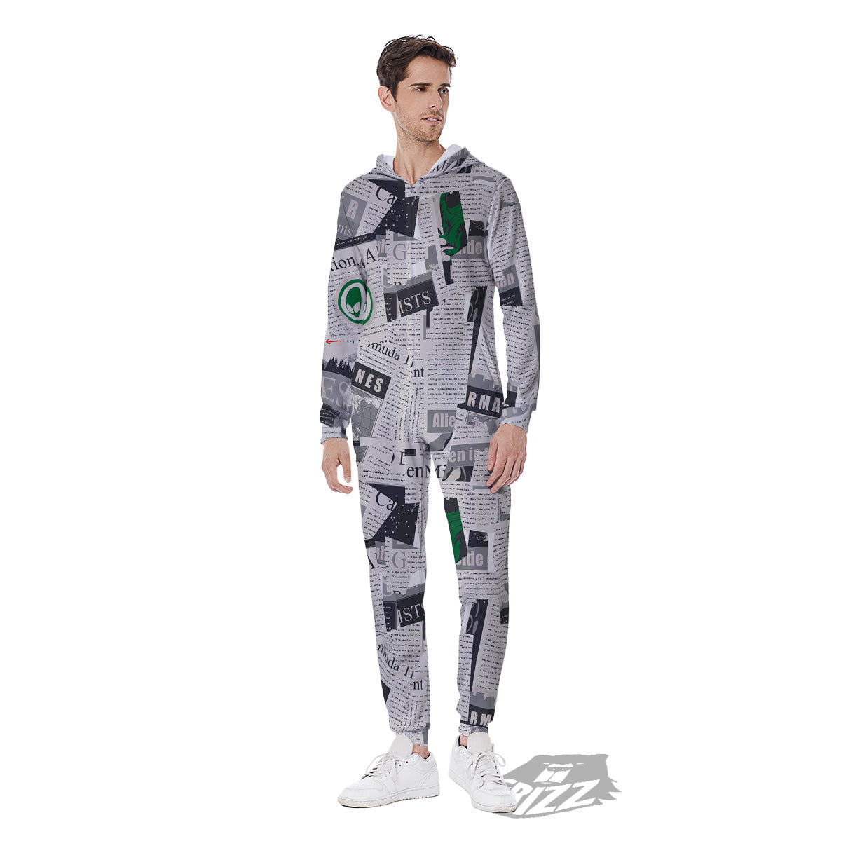 Newspaper Clippings On Aliens Topic Print Pattern Men's Jumpsuit-grizzshop