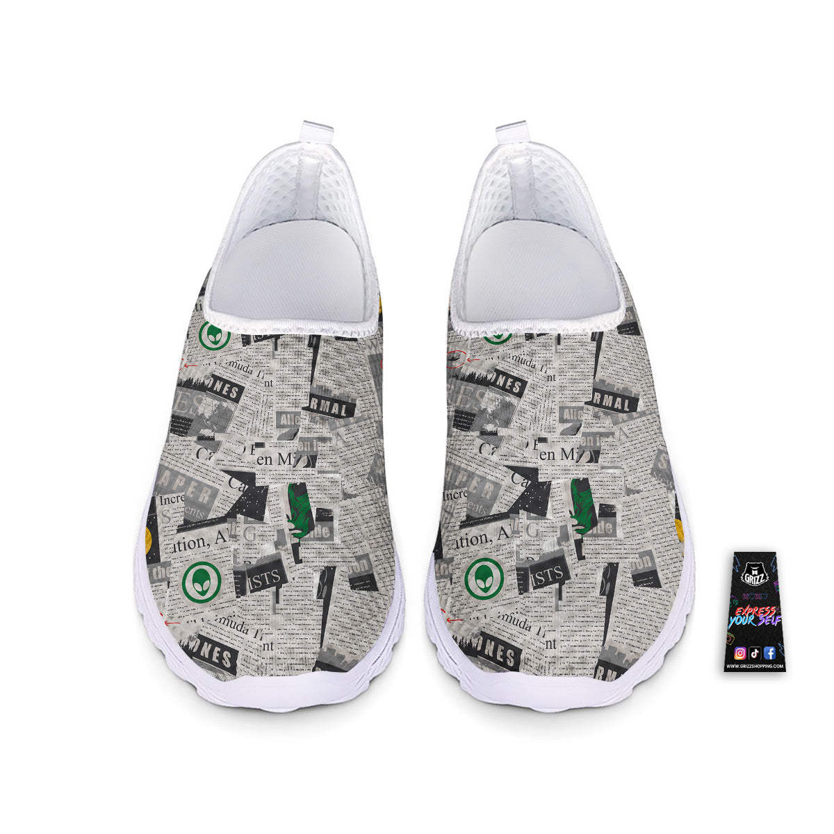 Newspaper Clippings On Aliens Topic Print Pattern Nurse Shoes-grizzshop