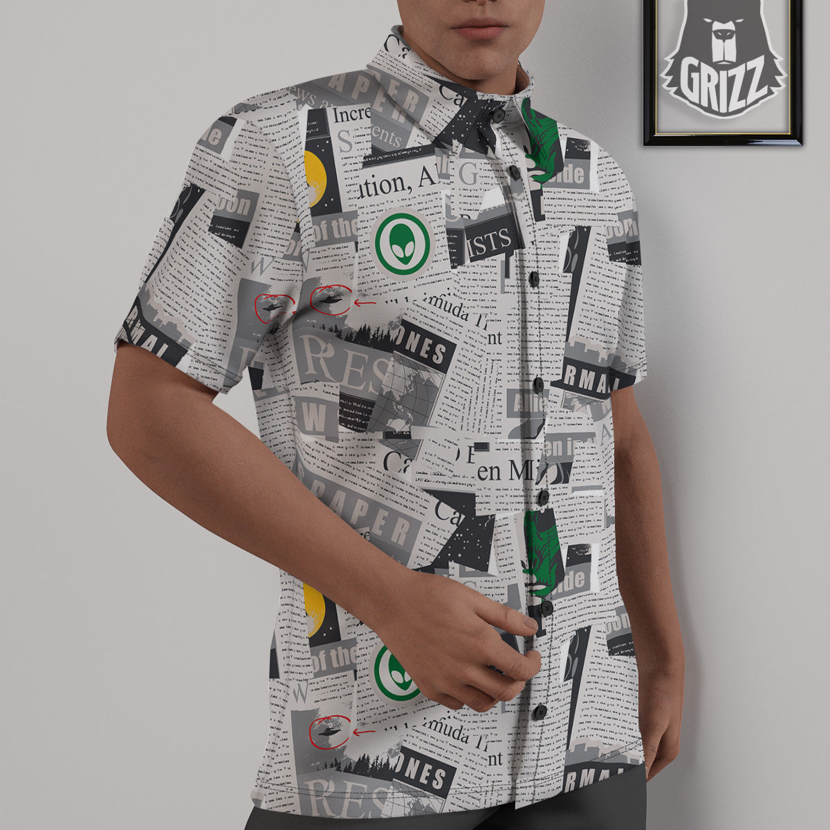 Newspaper Clippings On Aliens Topic Print Pattern Untucked Shirts-grizzshop