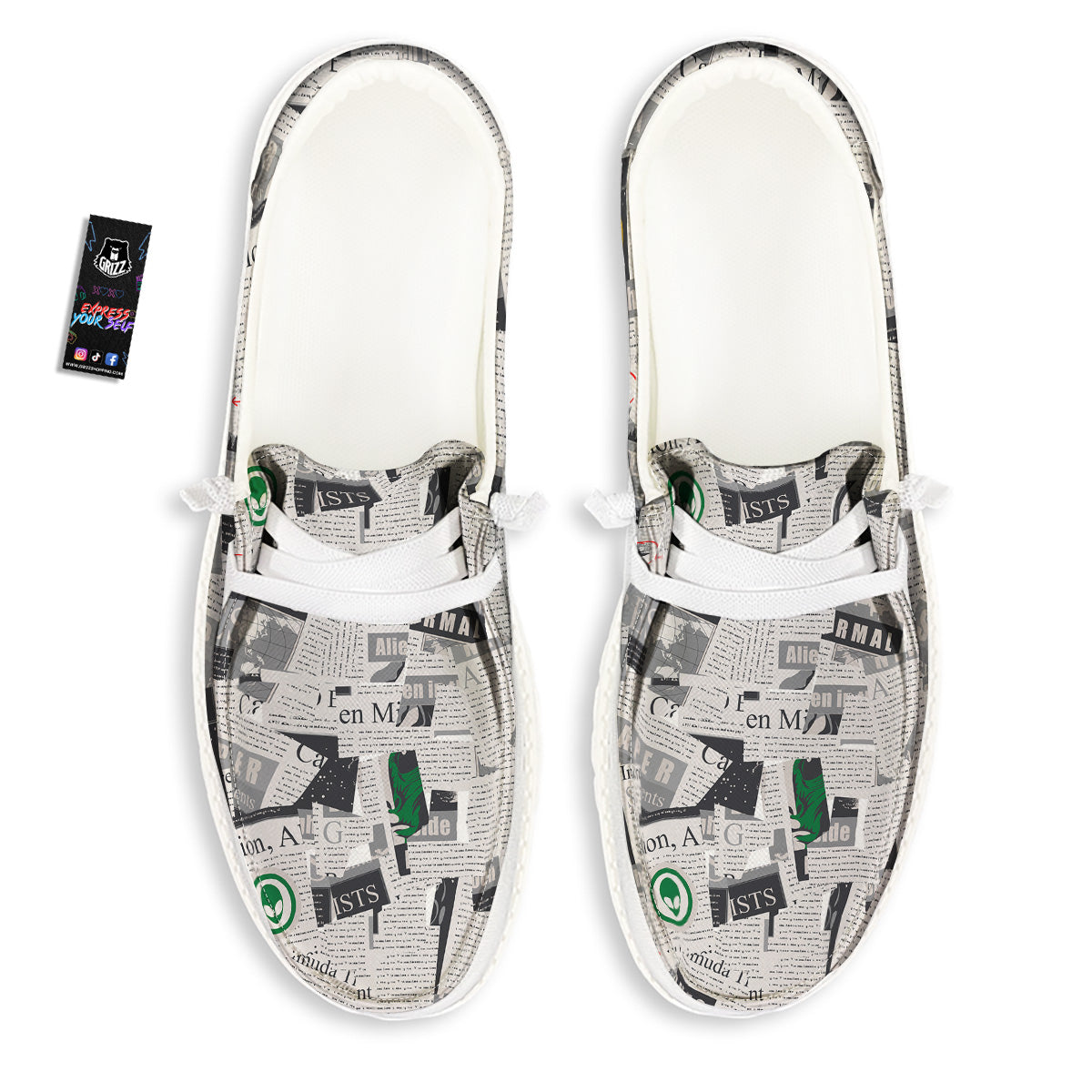 Newspaper Clippings On Aliens Topic Print Pattern White Loafers-grizzshop