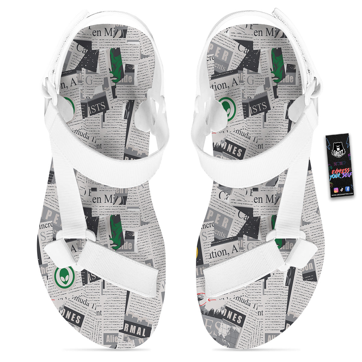 Newspaper Clippings On Aliens Topic Print Pattern White Open Toe Sandals-grizzshop