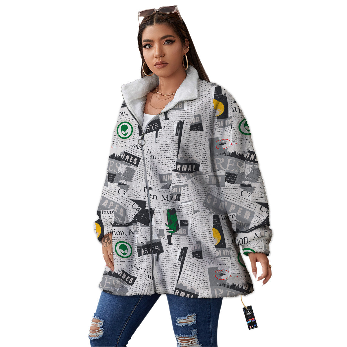 Newspaper Clippings On Aliens Topic Print Pattern Women's Sherpa Jacket-grizzshop