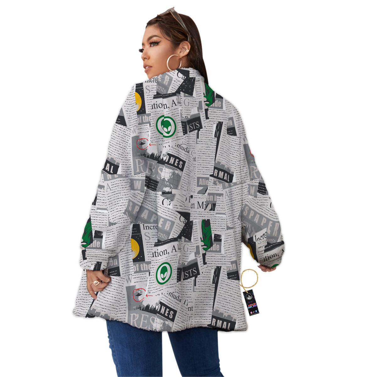 Newspaper Clippings On Aliens Topic Print Pattern Women's Sherpa Jacket-grizzshop