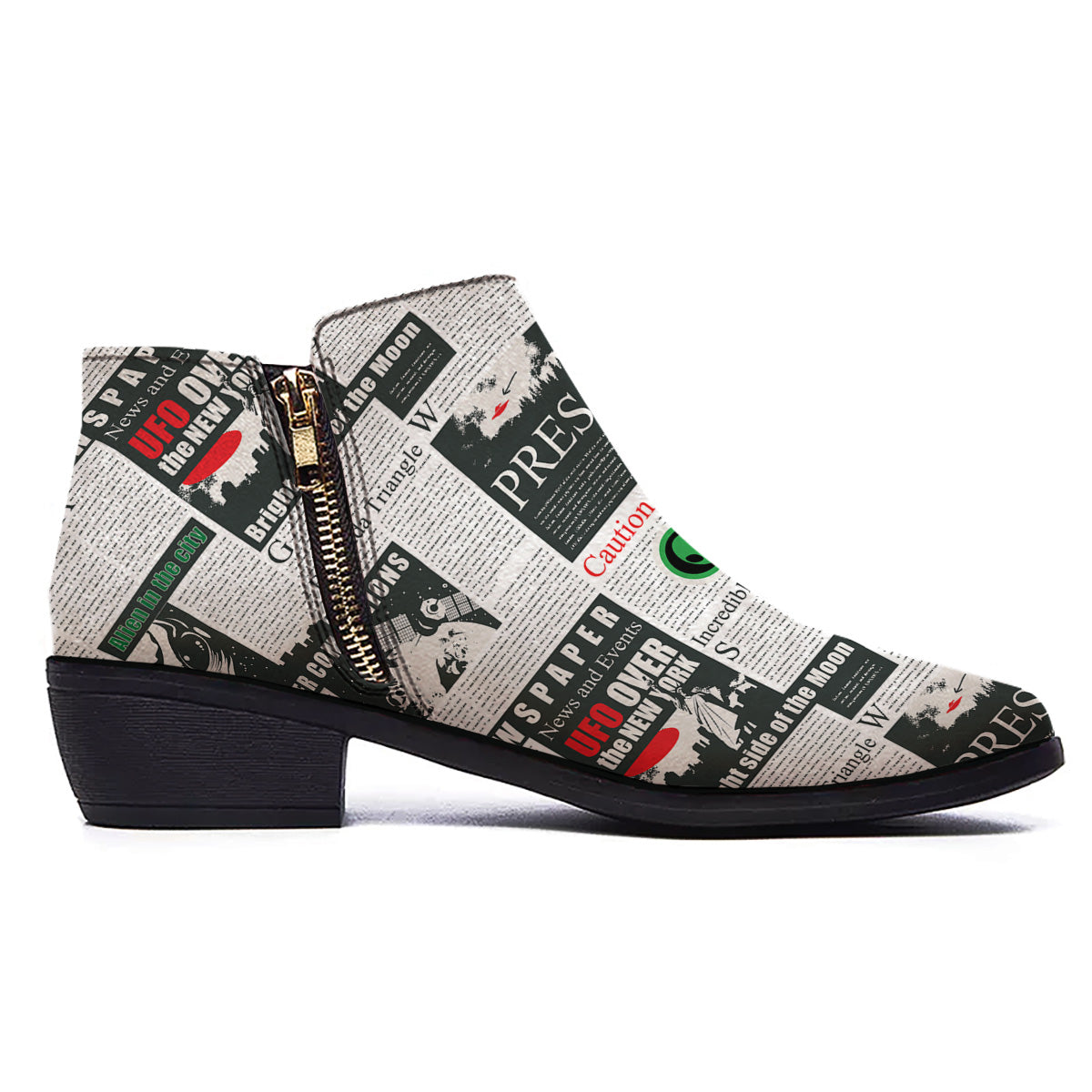 Newspaper Headlines Alien Print Pattern Ankle Boots-grizzshop
