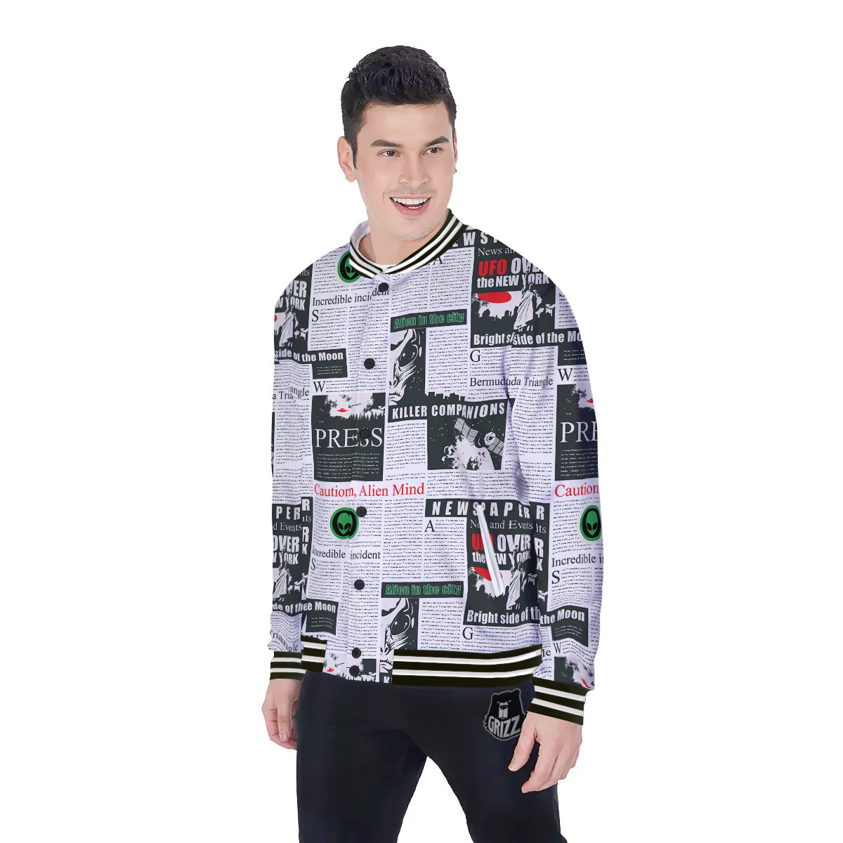 Newspaper Headlines Alien Print Pattern Baseball Jacket-grizzshop