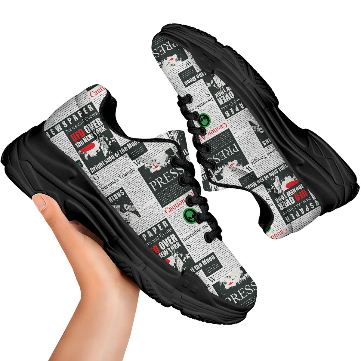 Newspaper Headlines Alien Print Pattern Black Chunky Shoes-grizzshop
