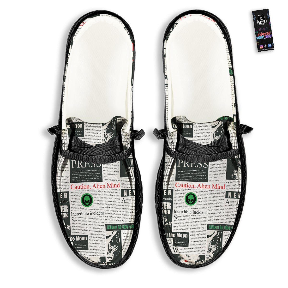 Newspaper Headlines Alien Print Pattern Black Loafers-grizzshop