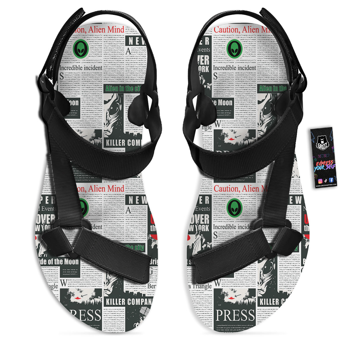 Newspaper Headlines Alien Print Pattern Black Open Toe Sandals-grizzshop