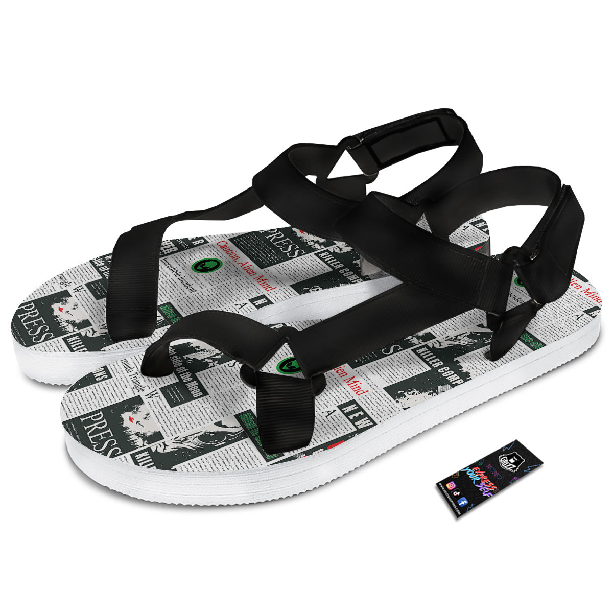 Newspaper Headlines Alien Print Pattern Black Open Toe Sandals-grizzshop