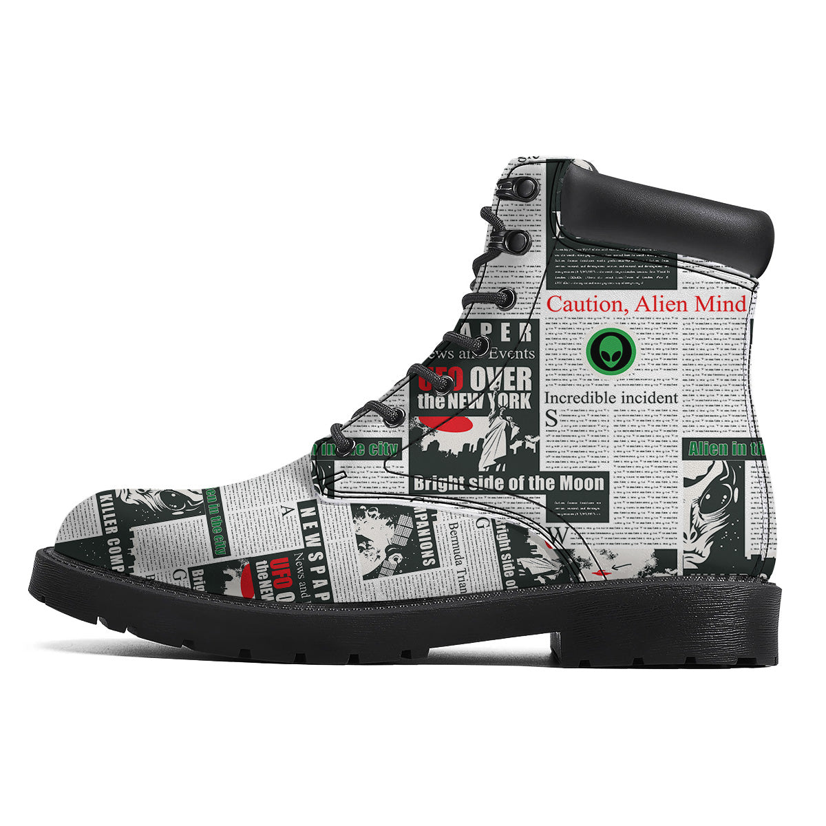 Newspaper Headlines Alien Print Pattern Boots-grizzshop