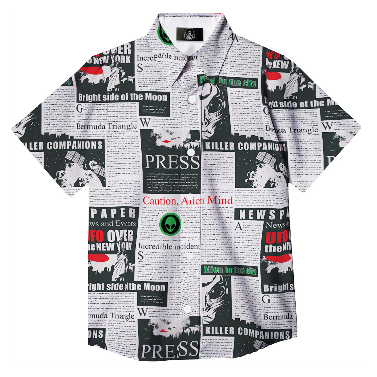 Newspaper Headlines Alien Print Pattern Button Up Shirt-grizzshop