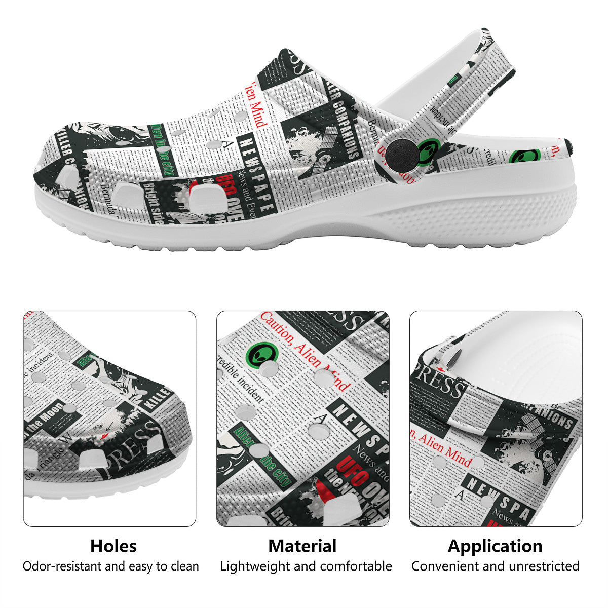 Newspaper Headlines Alien Print Pattern Clog-grizzshop
