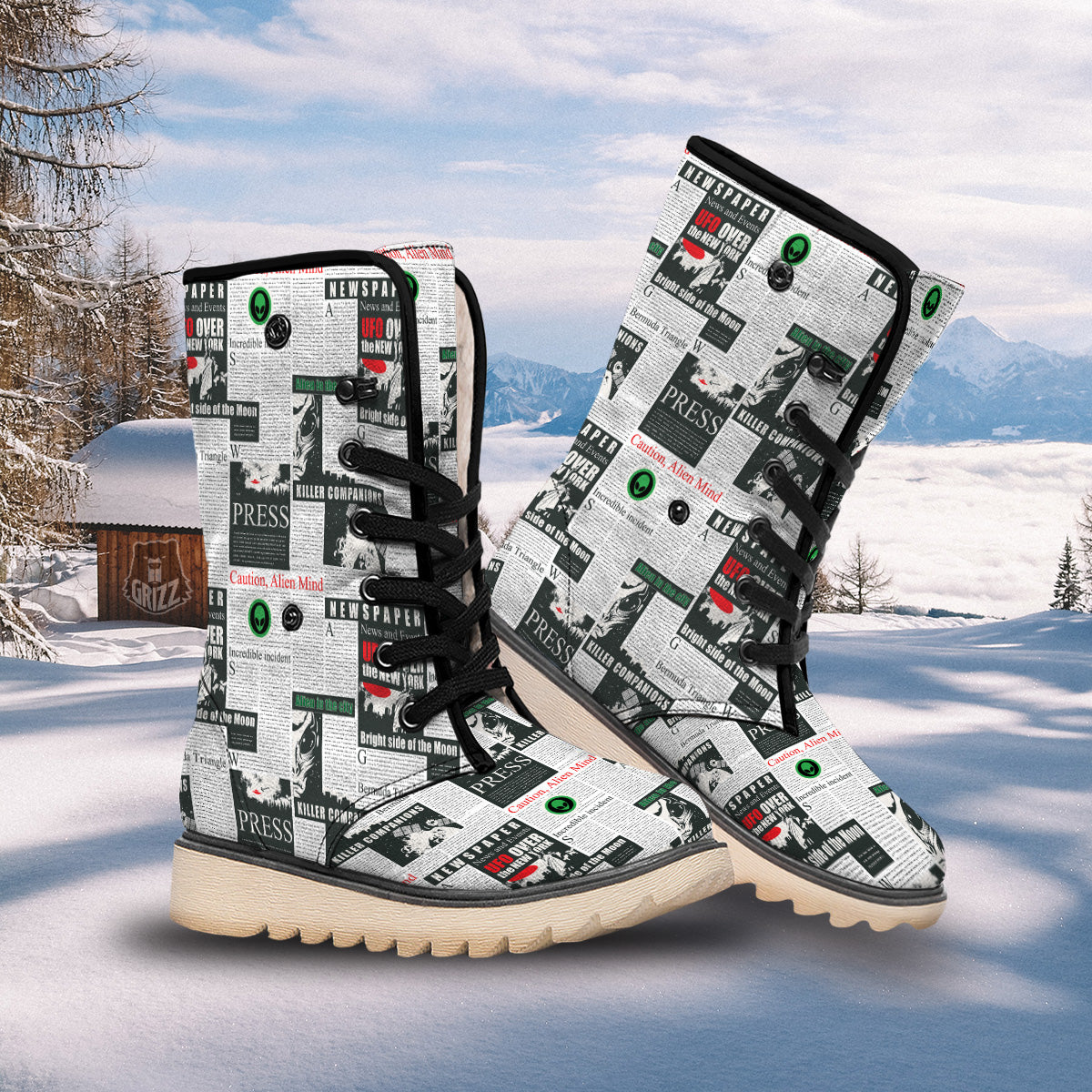 Newspaper Headlines Alien Print Pattern Snow Boots-grizzshop