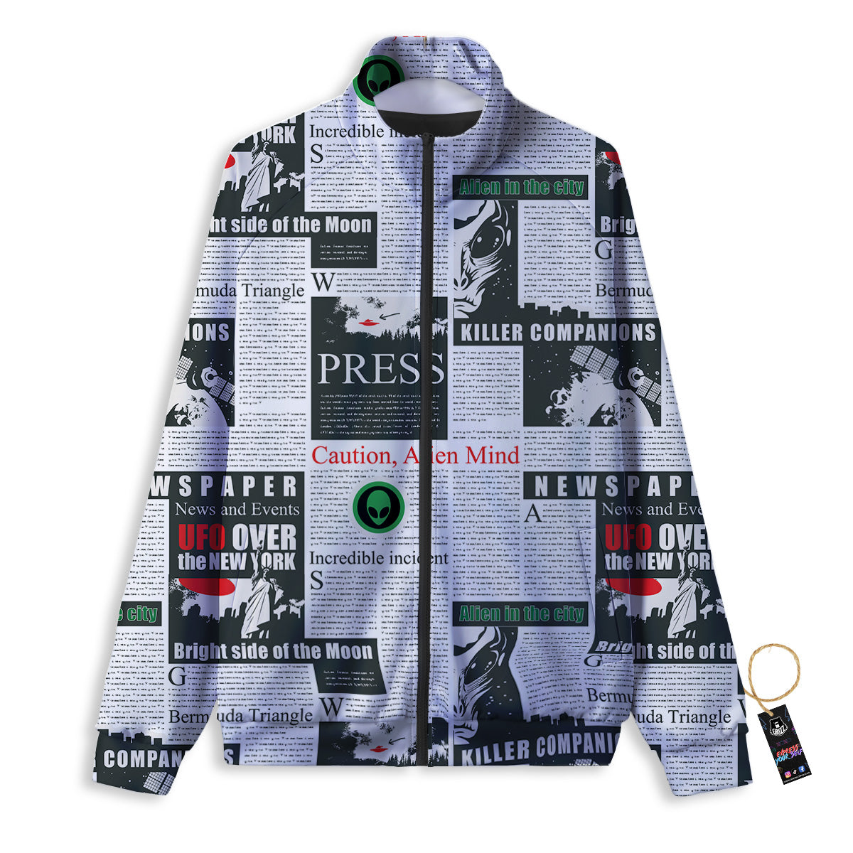 Newspaper Headlines Alien Print Pattern Track Jacket-grizzshop