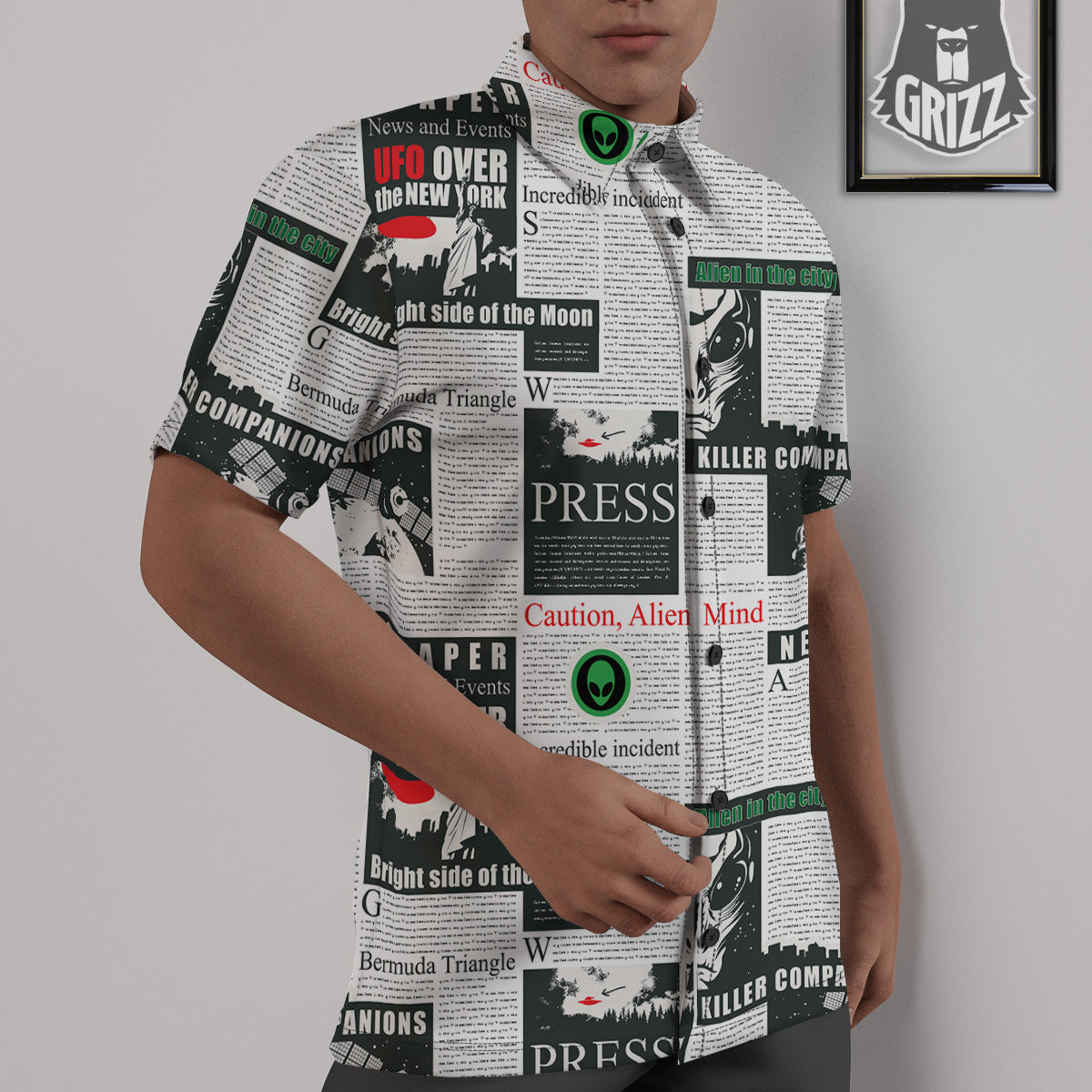 Newspaper Headlines Alien Print Pattern Untucked Shirts-grizzshop