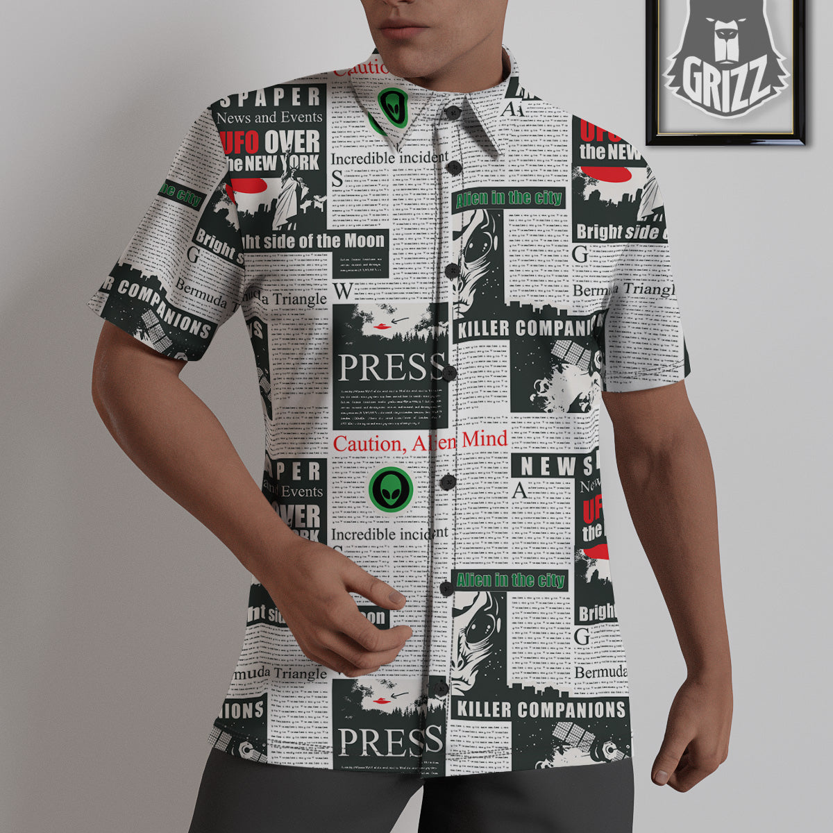 Newspaper Headlines Alien Print Pattern Untucked Shirts-grizzshop