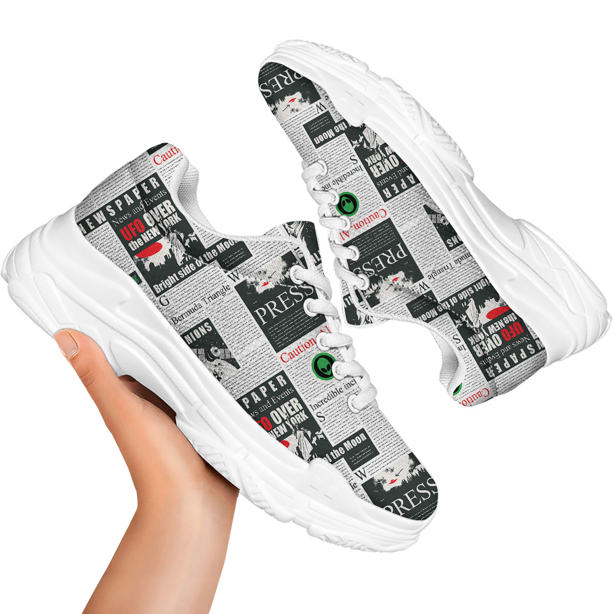 Newspaper Headlines Alien Print Pattern White Chunky Shoes-grizzshop