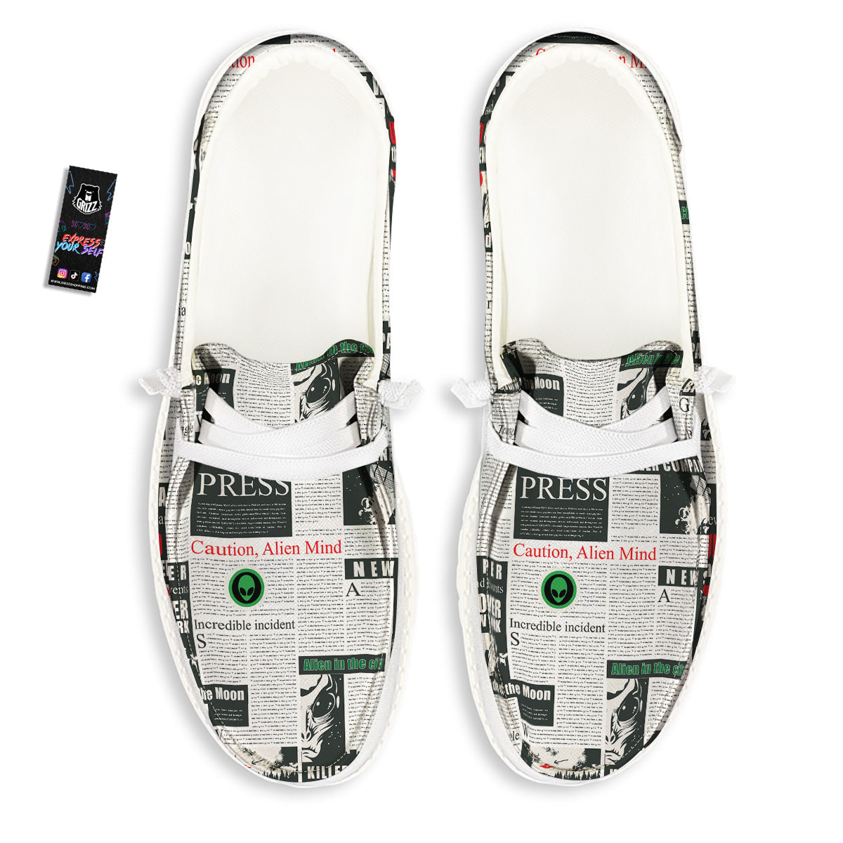 Newspaper Headlines Alien Print Pattern White Loafers-grizzshop
