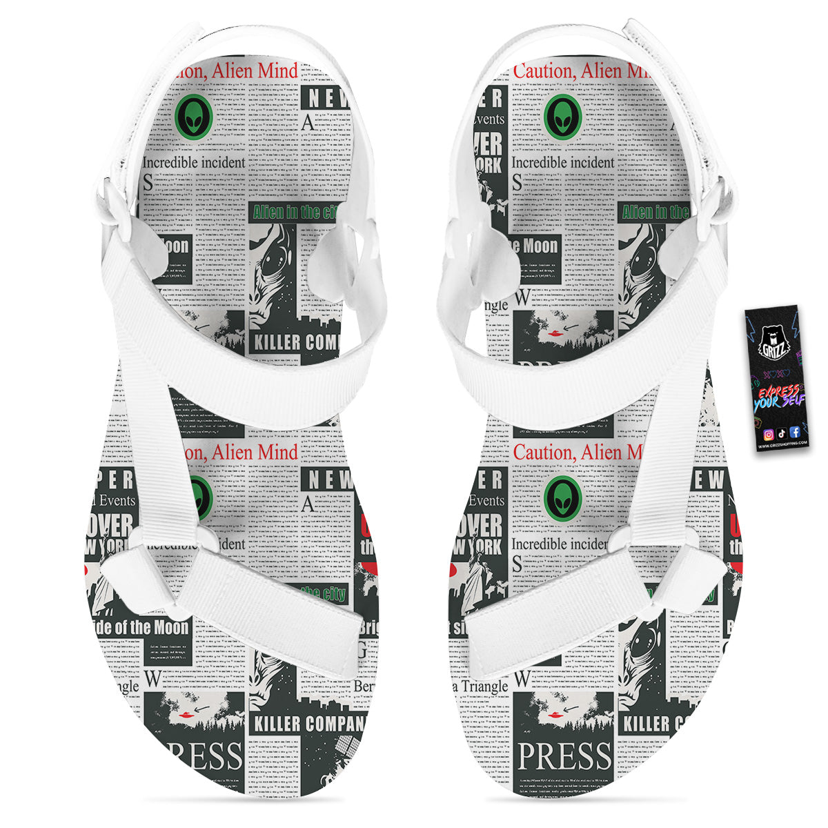 Newspaper Headlines Alien Print Pattern White Open Toe Sandals-grizzshop