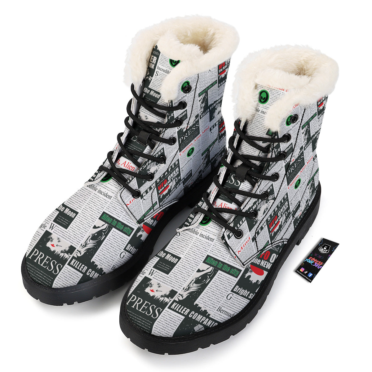 Newspaper Headlines Alien Print Pattern Winter Boots-grizzshop