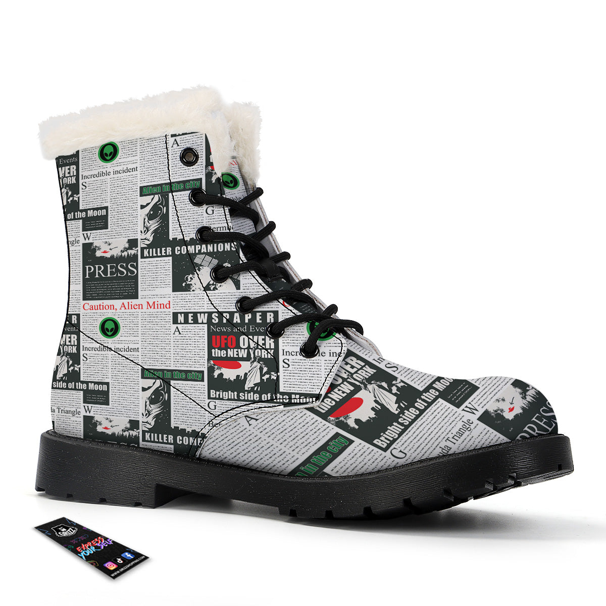 Newspaper Headlines Alien Print Pattern Winter Boots-grizzshop