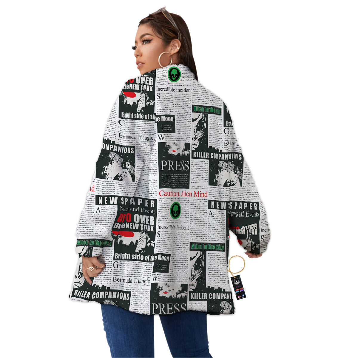 Newspaper Headlines Alien Print Pattern Women's Sherpa Jacket-grizzshop