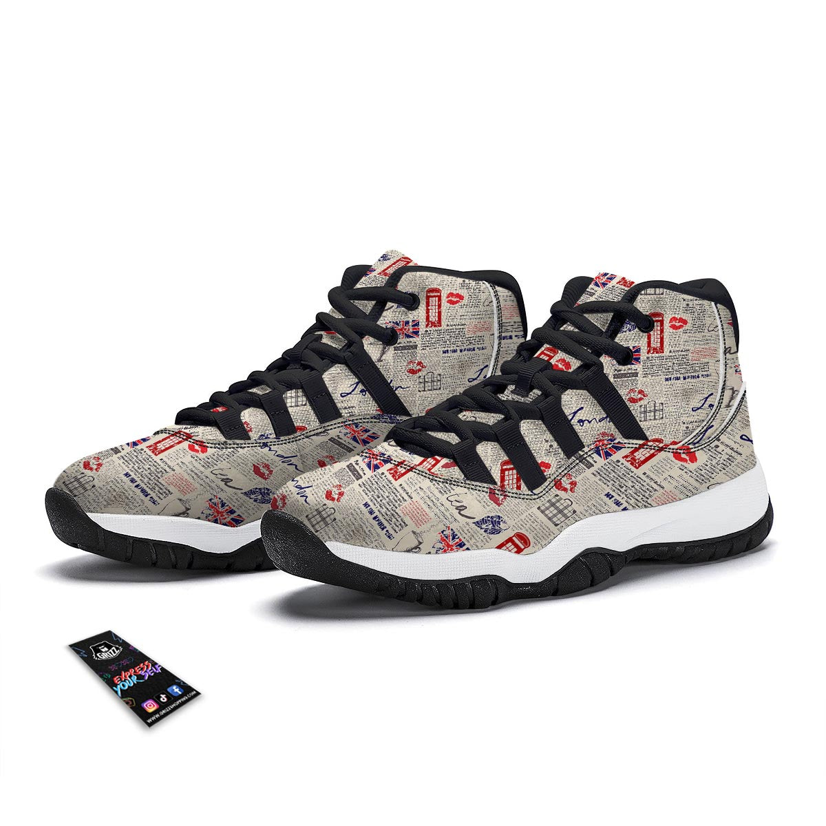 Newspaper Pattern Print Black Bball Shoes-grizzshop