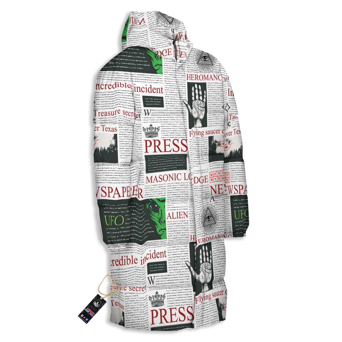 Newspaper Aliens Topic Print Pattern Long Down Jacket
