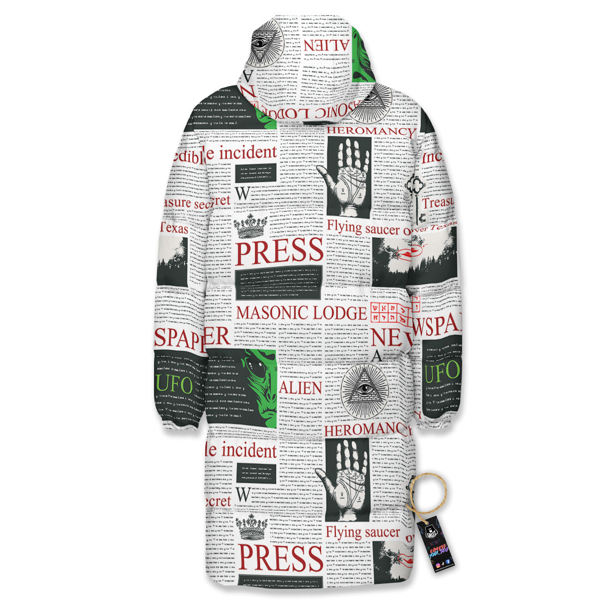 Newspaper Aliens Topic Print Pattern Long Down Jacket