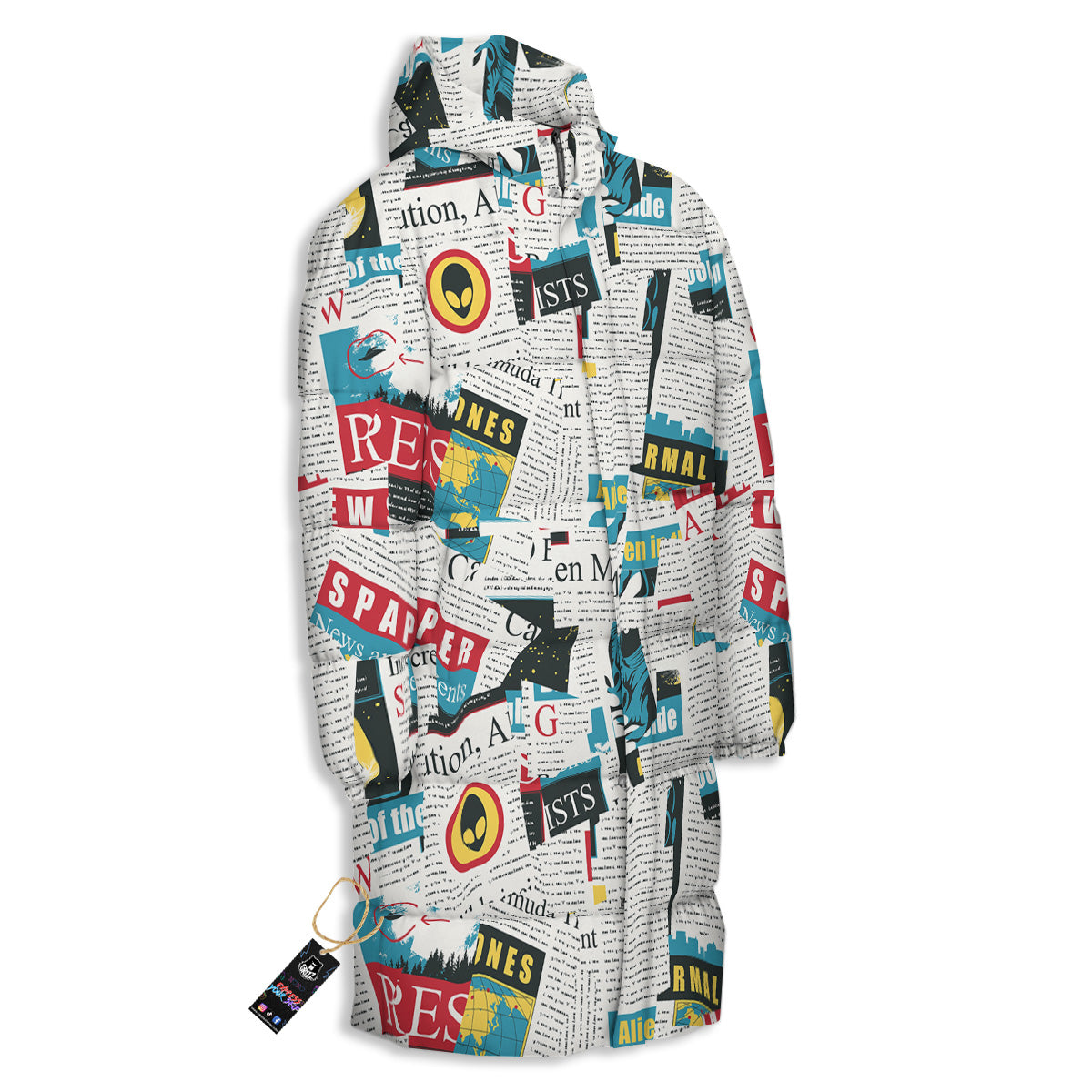 Newspaper Clippings On Aliens Topic Colorful Print Pattern Long Down Jacket