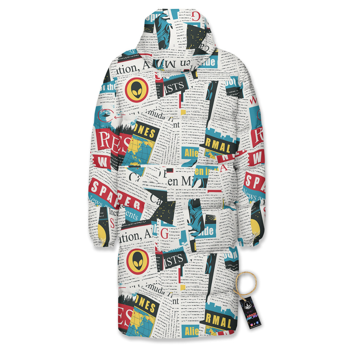 Newspaper Clippings On Aliens Topic Colorful Print Pattern Long Down Jacket