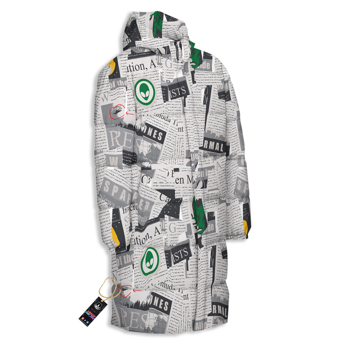 Newspaper Clippings On Aliens Topic Print Pattern Long Down Jacket