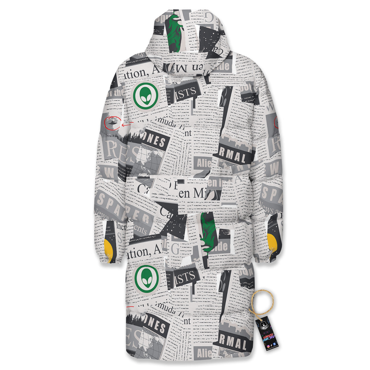 Newspaper Clippings On Aliens Topic Print Pattern Long Down Jacket