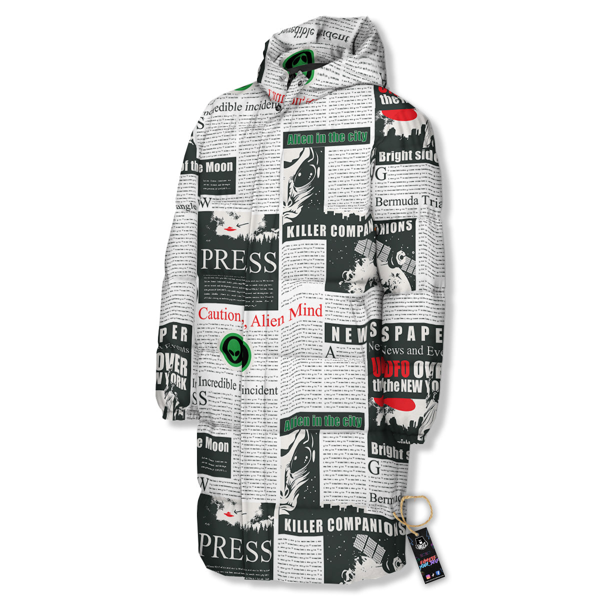 Newspaper Headlines Alien Print Pattern Long Down Jacket