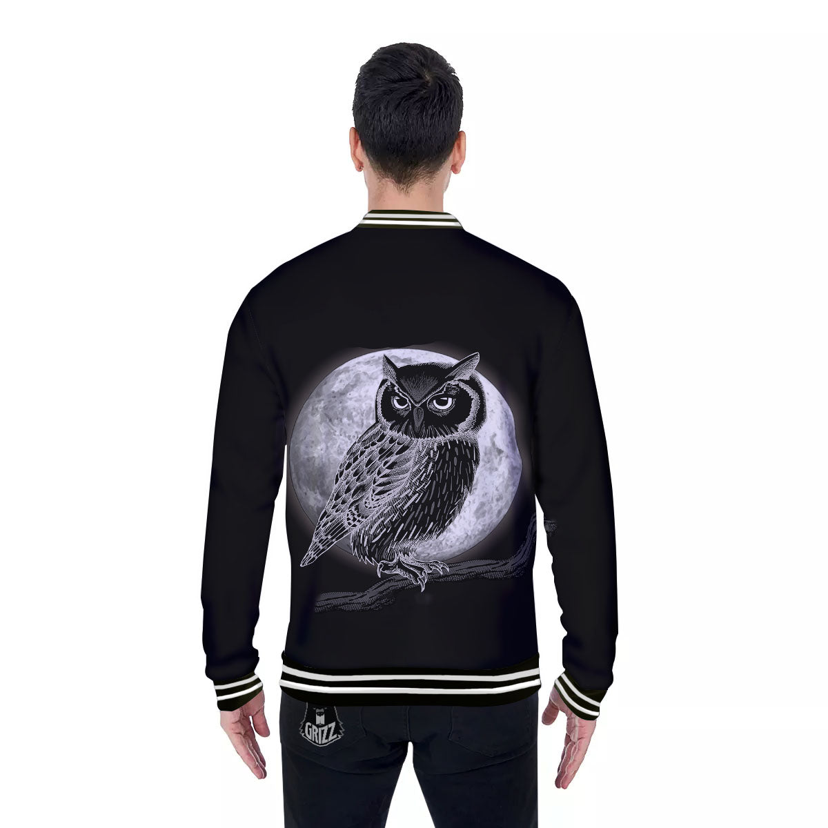 Night Owl Full Moon Print Baseball Jacket-grizzshop