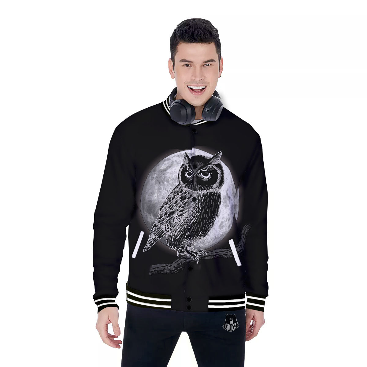 Night Owl Full Moon Print Baseball Jacket-grizzshop