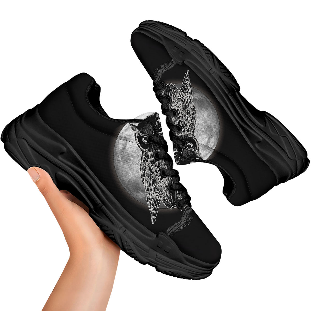 Night Owl Full Moon Print Black Chunky Shoes-grizzshop