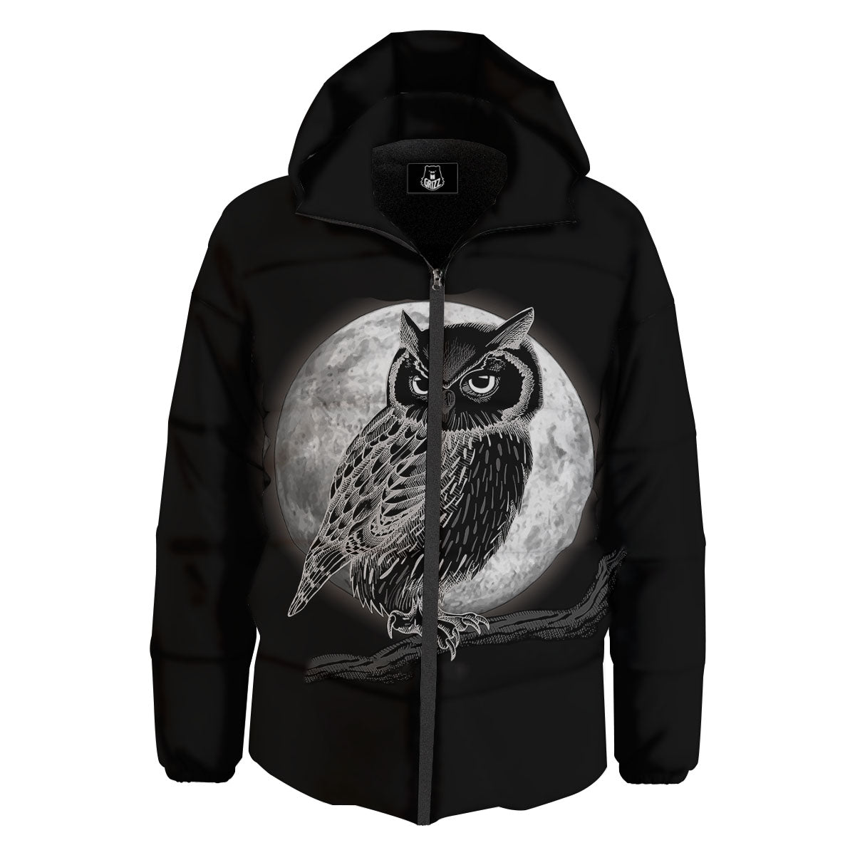 Night Owl Full Moon Print Down Jacket-grizzshop