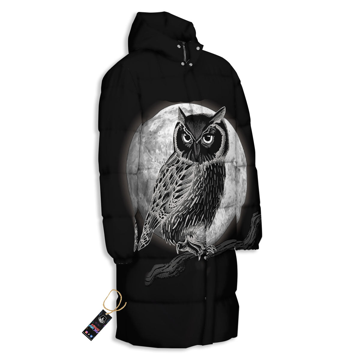 Night Owl Full Moon Print Long Down Jacket-grizzshop