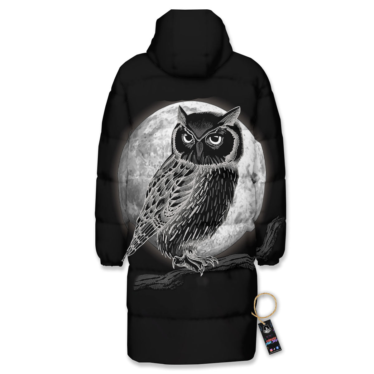 Night Owl Full Moon Print Long Down Jacket-grizzshop