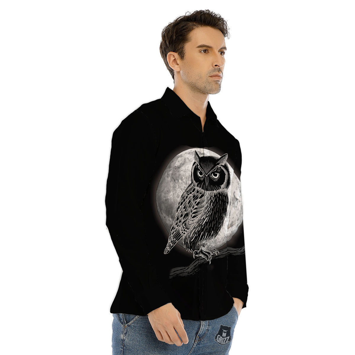 Night Owl Full Moon Print Men's Dress Shirts-grizzshop