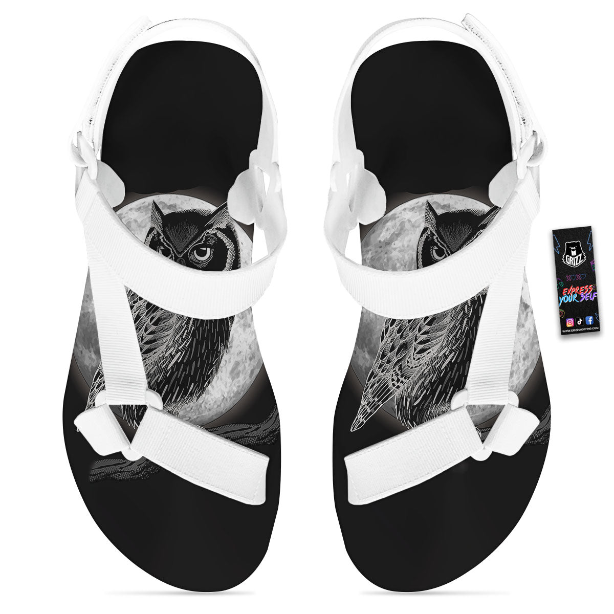Night Owl Full Moon Print White Open Toe Sandals-grizzshop