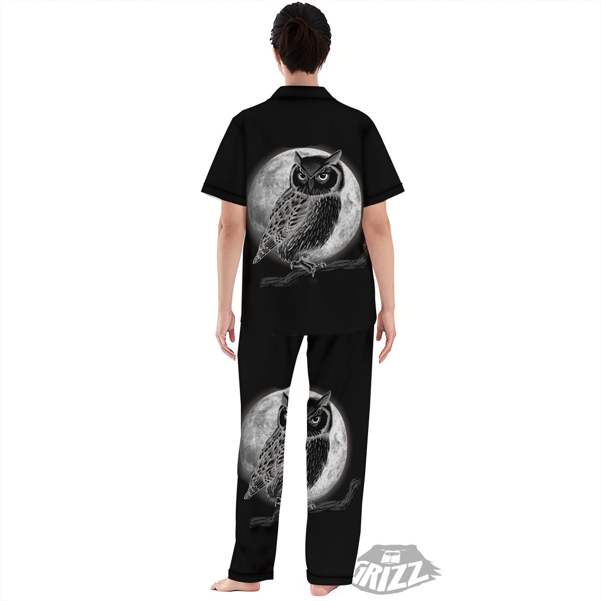 Night Owl Full Moon Print Women's Pajamas Set-grizzshop
