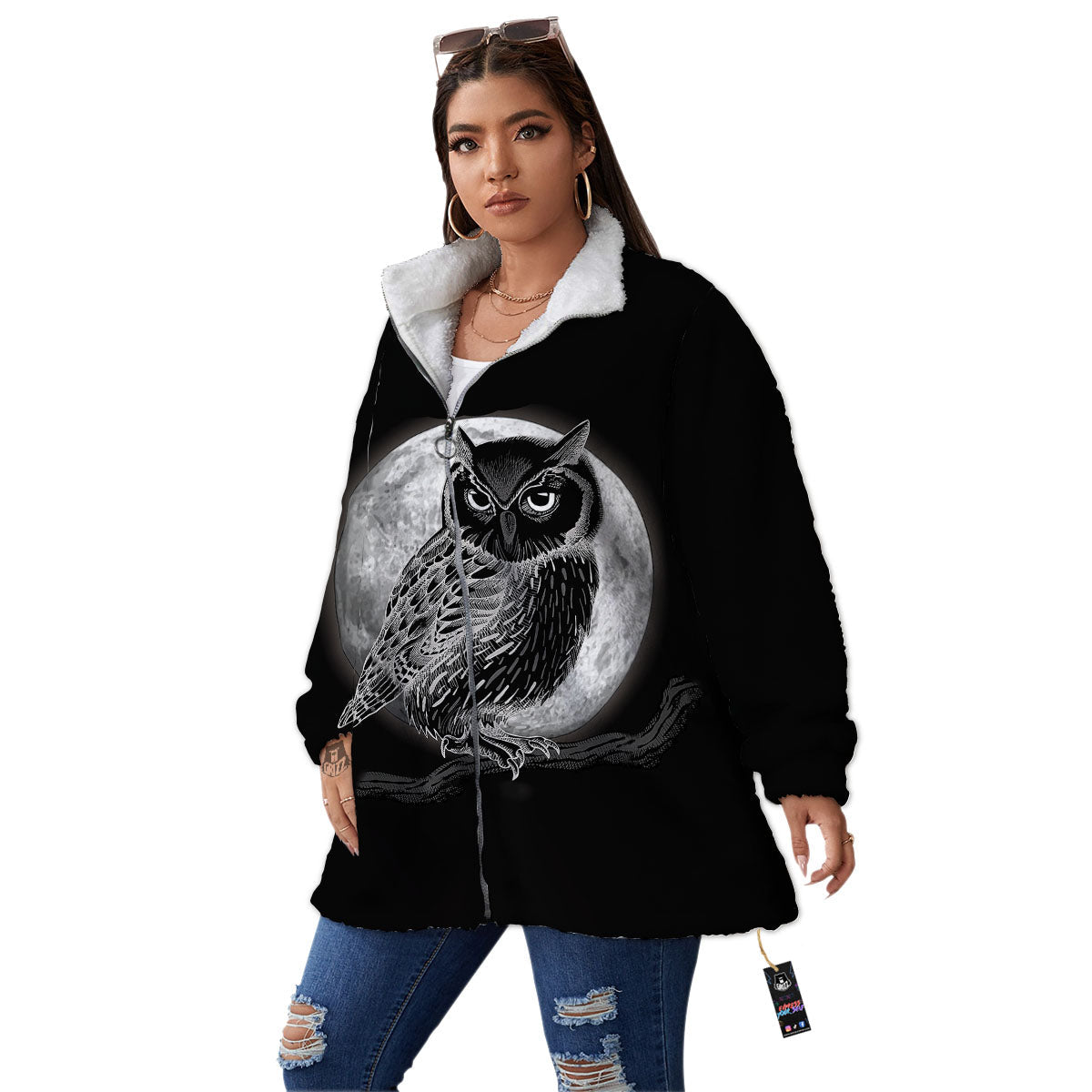 Night Owl Full Moon Print Women's Sherpa Jacket-grizzshop