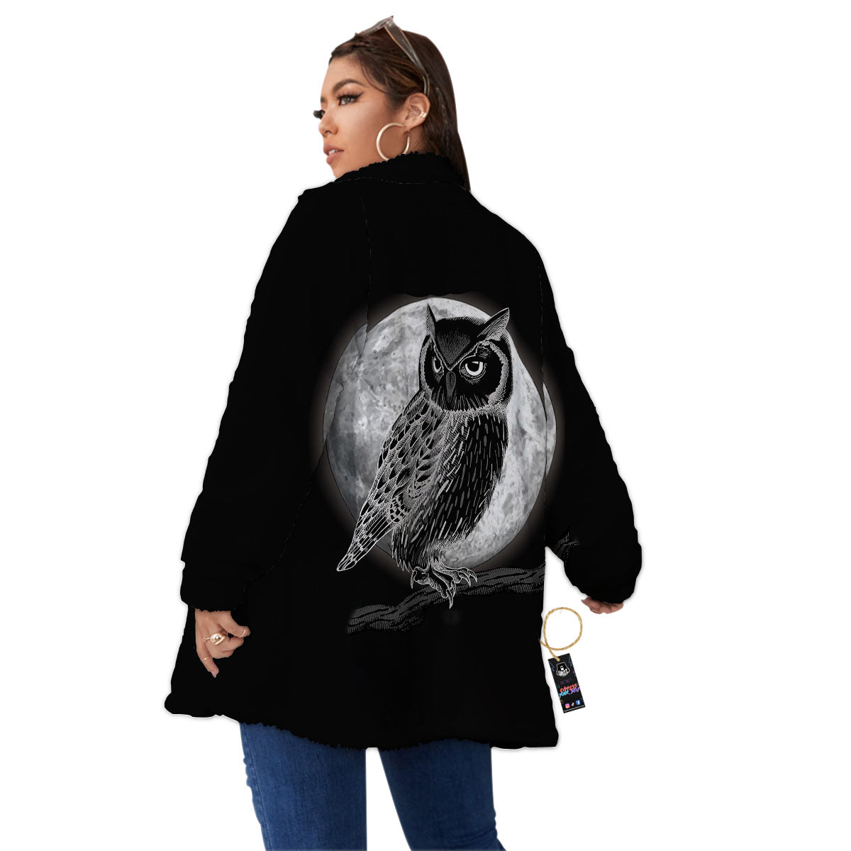 Night Owl Full Moon Print Women's Sherpa Jacket-grizzshop