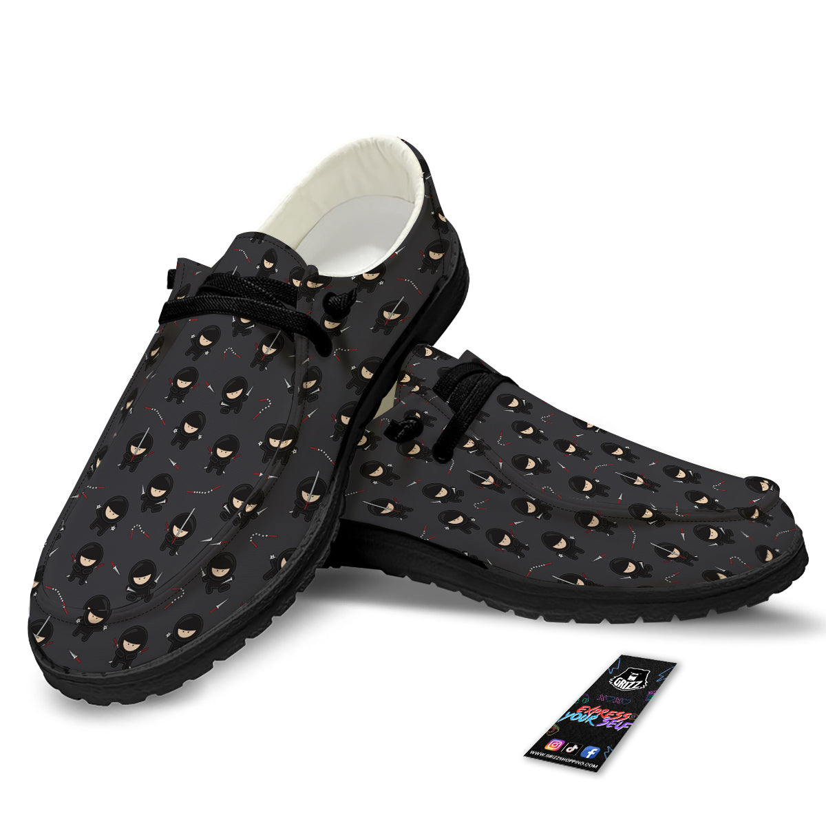 Ninja Cute Print Pattern Black Loafers-grizzshop