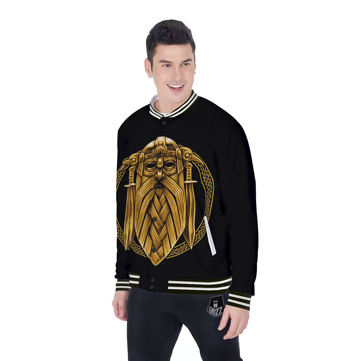 Norse God Odin Gold Viking Print Baseball Jacket-grizzshop