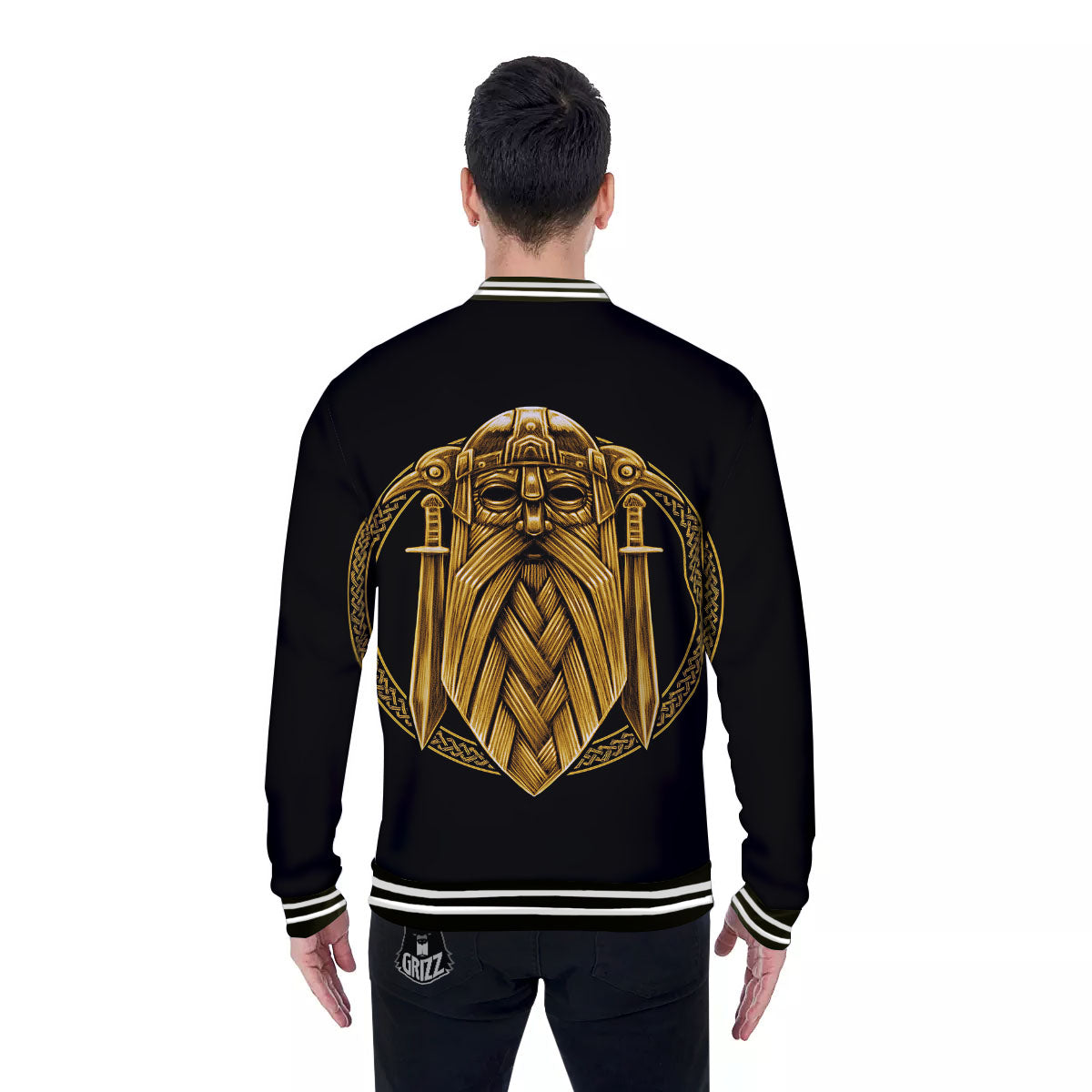 Norse God Odin Gold Viking Print Baseball Jacket-grizzshop