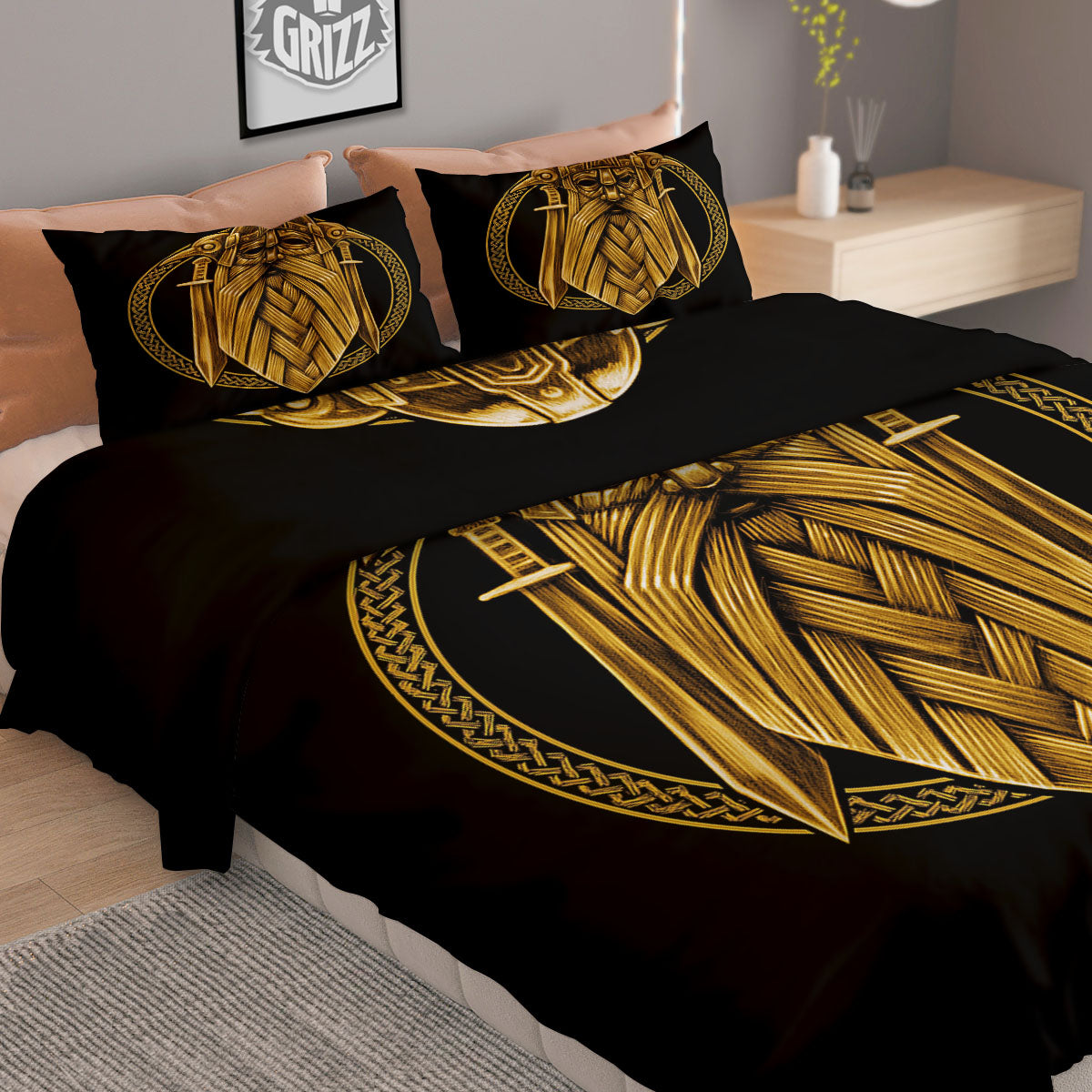 Norse God Odin Gold Viking Print Duvet Cover Bedding Set
